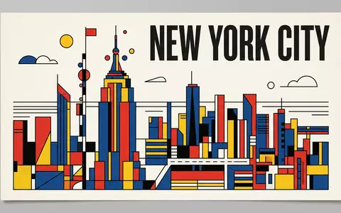 Bauhaus-Poster als geometrische Abstraktion von Empire State Building in New York City USA, kraeftige Grundfarben - Foto: THN
