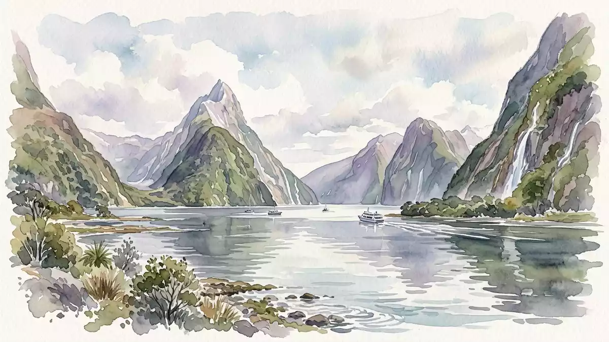 Aquarell-Illustration von Milford Sound in Milford Sound, Neuseeland als Reiseposter