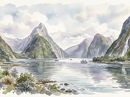 Aquarellillustration des Wahrzeichens Milford Sound in Milford Sound Neuseeland, weiche Farbverläufe und pastelliges Reiseposter-Feeling - Foto: THN