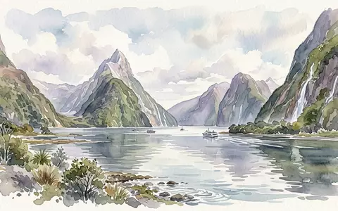 Aquarellillustration des Wahrzeichens Milford Sound in Milford Sound Neuseeland, weiche Farbverläufe und pastelliges Reiseposter-Feeling - Foto: THN