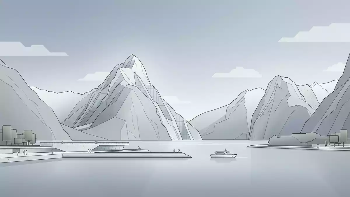 Architektur-Render von Milford Sound in Milford Sound, Neuseeland bei Tageslicht