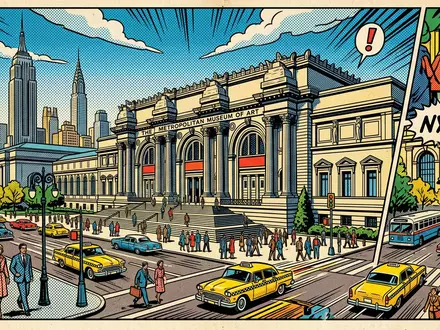 Pop-Art-Comicillustration des Wahrzeichens Metropolitan Museum of Art in New York City USA, kraeftige Konturen Rasterpunkte - Foto: THN