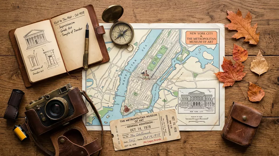 Flatlay-Reise-Arrangement rund um Metropolitan Museum of Art in New York City, USA