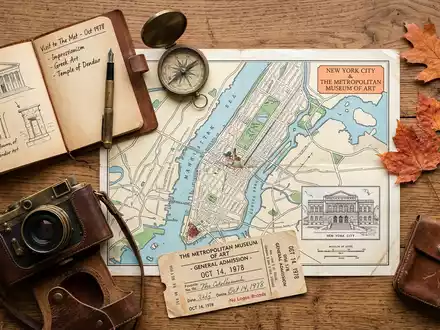 Flatlay-Reise-Arrangement rund um Metropolitan Museum of Art in New York City USA, Karte Kompass Kamera - Foto: THN