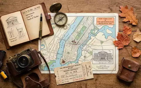 Flatlay-Reise-Arrangement rund um Metropolitan Museum of Art in New York City USA, Karte Kompass Kamera - Foto: THN