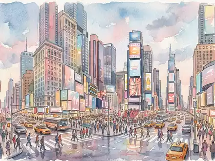 Aquarellillustration des Wahrzeichens Times Square New York in New York City USA, weiche Farbverläufe und - Foto: THN