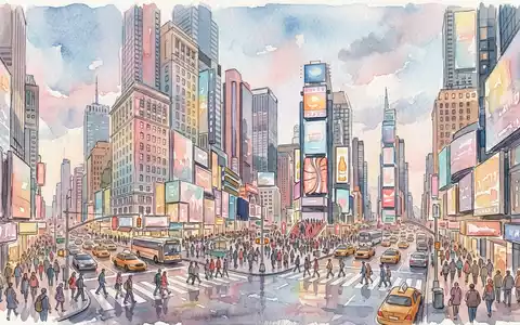 Aquarellillustration des Wahrzeichens Times Square New York in New York City USA, weiche Farbverläufe und - Foto: THN
