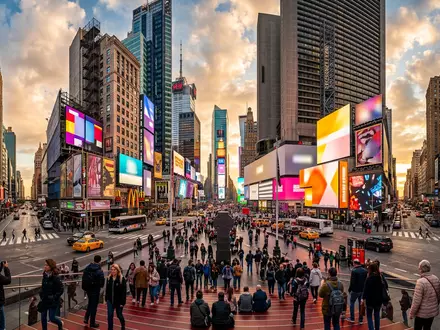 Fotorealistische Panoramaaufnahme von Times Square New York in New York City USA, warmes Abendlicht auf - Foto: THN