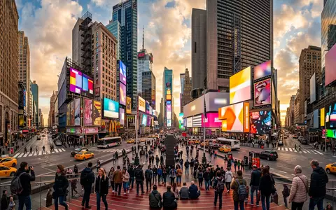 Fotorealistische Panoramaaufnahme von Times Square New York in New York City USA, warmes Abendlicht auf - Foto: THN