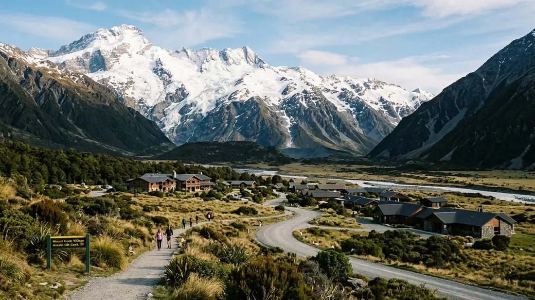 Editorial-Reisemagazinbild vom Wahrzeichen Aoraki-Mount-Cook-Nationalpark in Mount Cook Vill…