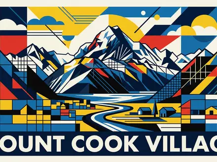 Bauhaus-Poster als geometrische Abstraktion von Aoraki-Mount-Cook-Nationalpark in Mount Cook Village Neuseeland, kraeftige Grundfarben und harte - Foto: THN