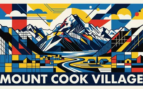Bauhaus-Poster als geometrische Abstraktion von Aoraki-Mount-Cook-Nationalpark in Mount Cook Village Neuseeland, kraeftige Grundfarben und harte - Foto: THN