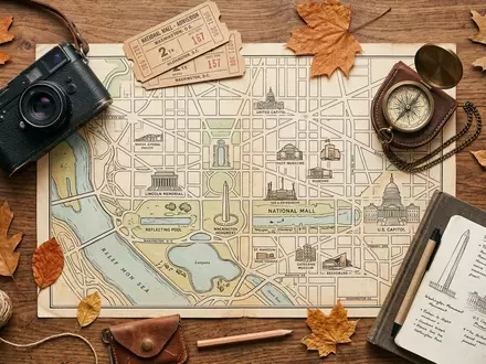 Flatlay-Reise-Arrangement rund um National Mall Washington in Washington, D.C. USA, Karte Kompass Kamera und generische - Foto: THN