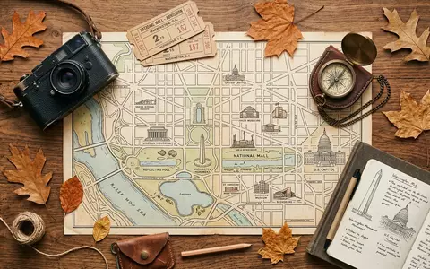 Flatlay-Reise-Arrangement rund um National Mall Washington in Washington, D.C. USA, Karte Kompass Kamera und generische - Foto: THN