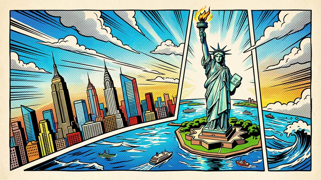 Pop-Art-Comic von Freiheitsstatue New York in New York City, USA mit Rasterpunkten