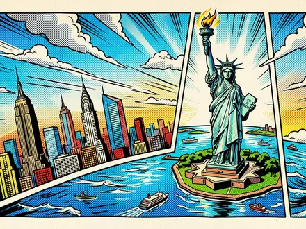 Pop-Art-Comicillustration des Wahrzeichens Freiheitsstatue New York in New York City USA, kraeftige Konturen Rasterpunkte und - Foto: THN