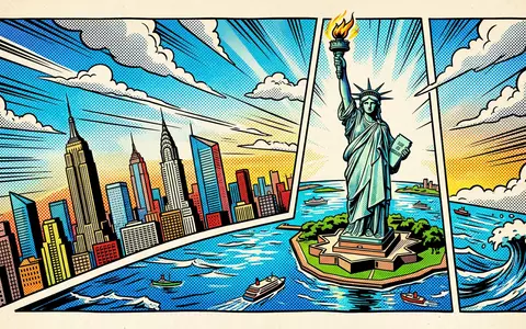 Pop-Art-Comicillustration des Wahrzeichens Freiheitsstatue New York in New York City USA, kraeftige Konturen Rasterpunkte und - Foto: THN