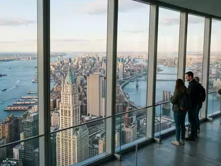 Editorialbild im Reisemagazin-Stil vom Wahrzeichen One World Observatory in New York City USA, ausgewogene Bildgestaltung - Foto: THN