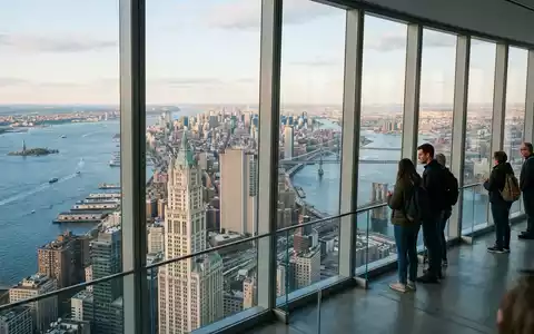 Editorialbild im Reisemagazin-Stil vom Wahrzeichen One World Observatory in New York City USA, ausgewogene Bildgestaltung - Foto: THN