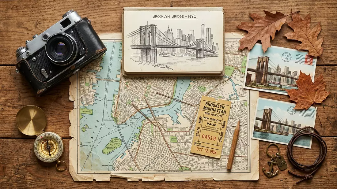 Flatlay-Reise-Arrangement rund um Brooklyn Bridge in New York City, USA