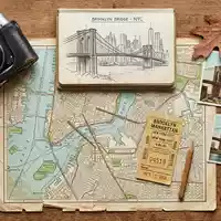 Flatlay-Reise-Arrangement rund um Brooklyn Bridge in New York City USA, Karte Kompass Kamera und generische - Foto: THN