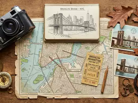 Flatlay-Reise-Arrangement rund um Brooklyn Bridge in New York City USA, Karte Kompass Kamera und generische - Foto: THN
