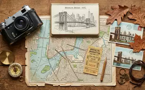 Flatlay-Reise-Arrangement rund um Brooklyn Bridge in New York City USA, Karte Kompass Kamera und generische - Foto: THN