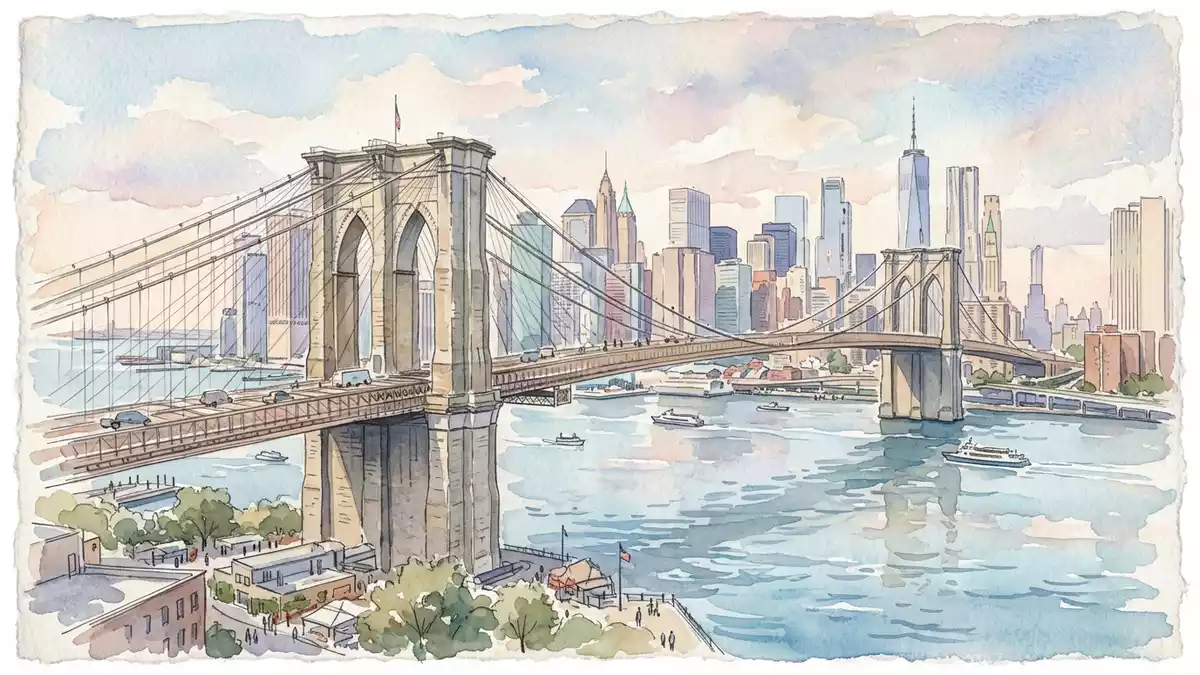 Aquarell-Illustration von Brooklyn Bridge in New York City, USA als Reiseposter