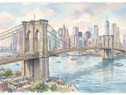 Aquarellillustration des Wahrzeichens Brooklyn Bridge in New York City USA, weiche Farbverläufe und pastelliges Reiseposter-Feeling - Foto: THN