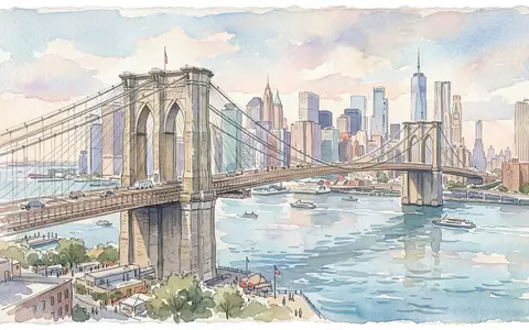 Aquarellillustration des Wahrzeichens Brooklyn Bridge in New York City USA, weiche Farbverläufe und pastelliges Reiseposter-Feeling - Foto: THN