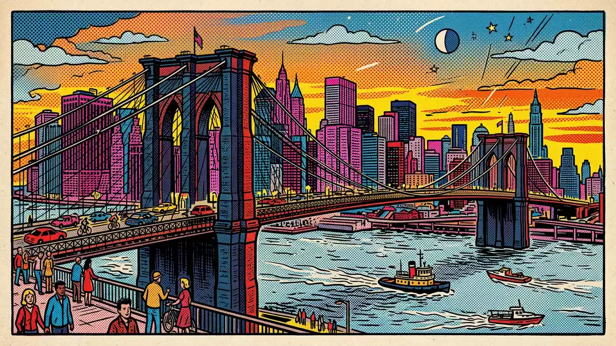 Pop-Art-Comic von Brooklyn Bridge in New York City, USA mit Rasterpunkten