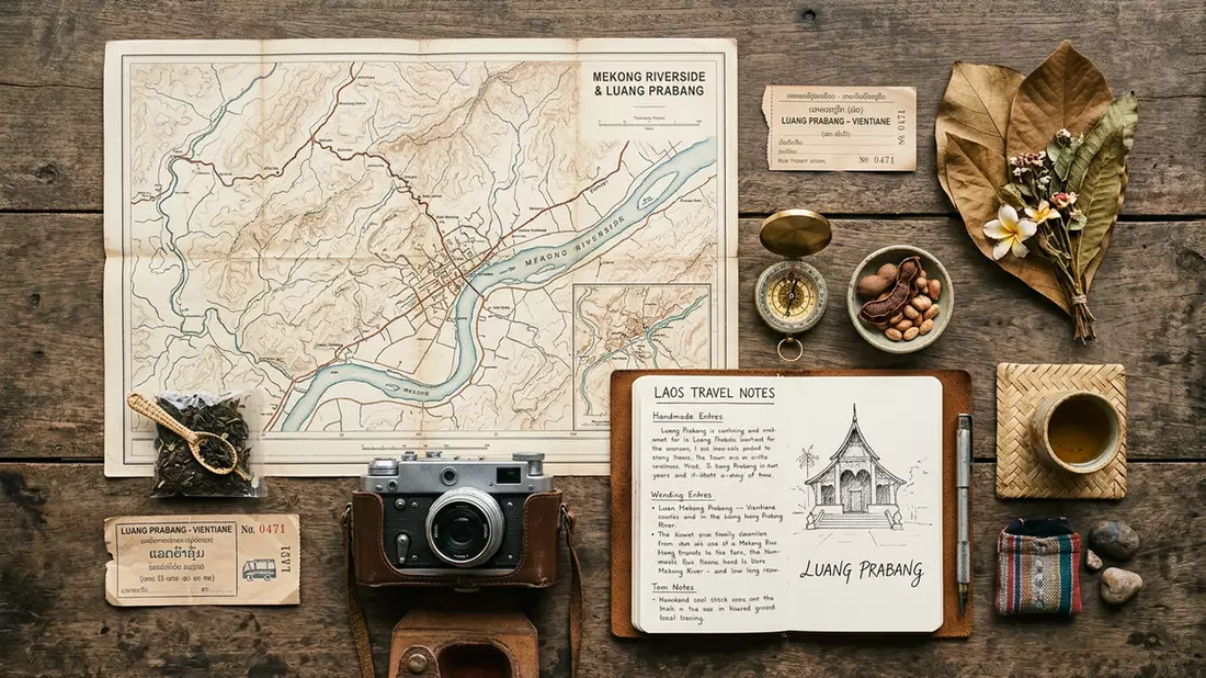 Flatlay-Reise-Arrangement rund um Mekong-Ufer Luang Prabang in Luang Prabang, Laos