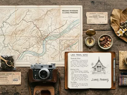 Flatlay-Reise-Arrangement rund um Mekong-Ufer Luang Prabang in Luang Prabang Laos, Karte Kompass Kamera und generische - Foto: THN
