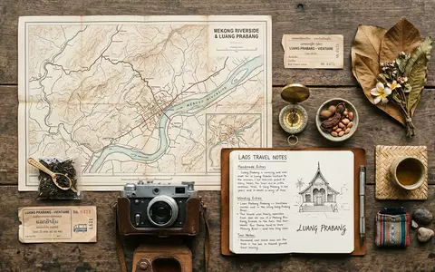 Flatlay-Reise-Arrangement rund um Mekong-Ufer Luang Prabang in Luang Prabang Laos, Karte Kompass Kamera und generische - Foto: THN