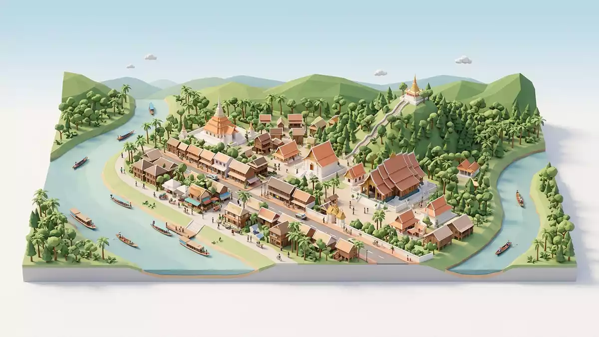 Isometrisches Diorama von Mekong-Ufer Luang Prabang in Luang Prabang, Laos in Pastell