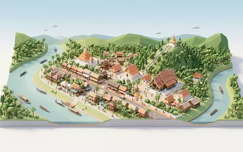 Isometrisches Diorama von Mekong-Ufer Luang Prabang und Umgebung in Luang Prabang Laos, verspielte Low-Poly-Kulisse in - Foto: THN