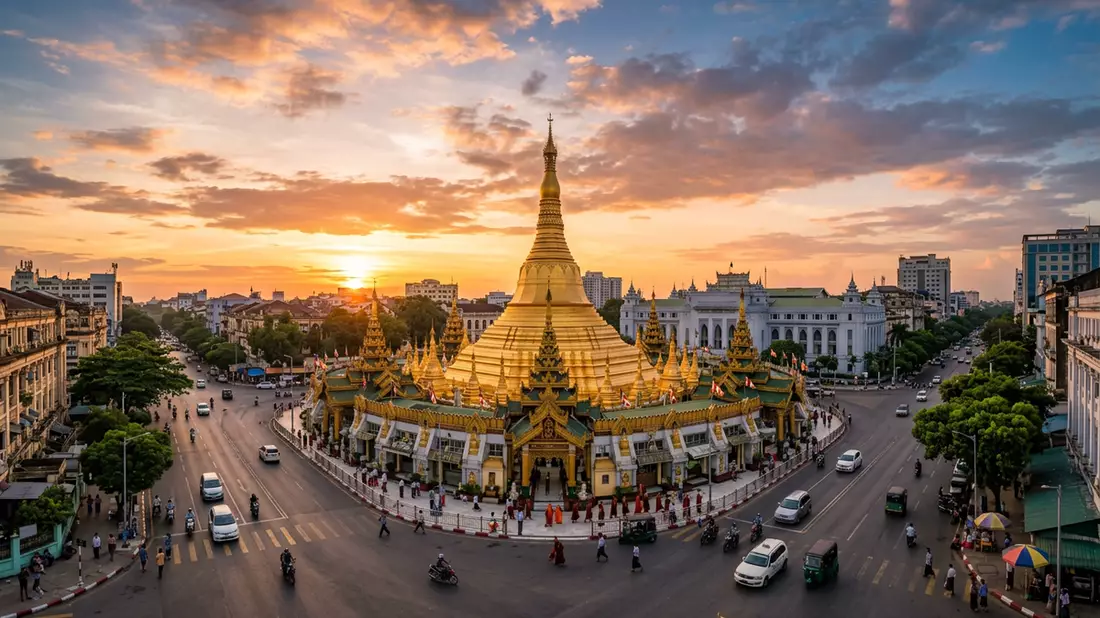 Fotorealistische Ansicht von Sule-Pagode Yangon in Yangon, Myanmar im Abendlicht