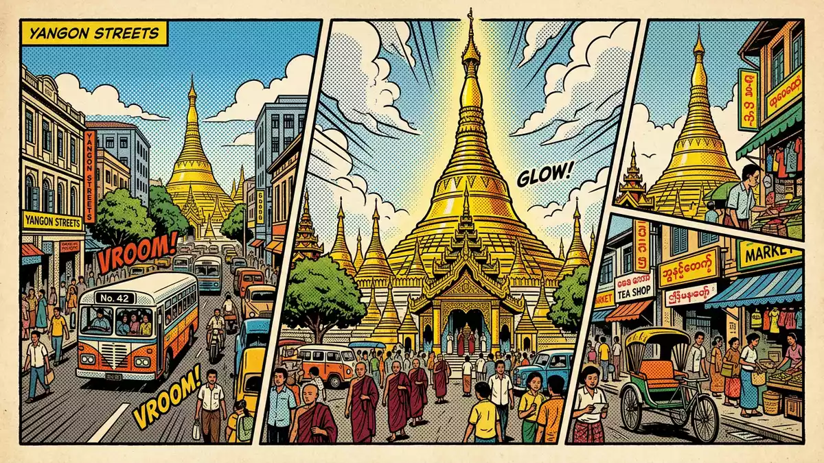Pop-Art-Comic von Sule-Pagode Yangon in Yangon, Myanmar mit Rasterpunkten