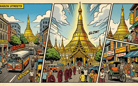 Pop-Art-Comicillustration des Wahrzeichens Sule-Pagode Yangon in Yangon Myanmar, kraeftige Konturen Rasterpunkte und satte Farben - Foto: THN