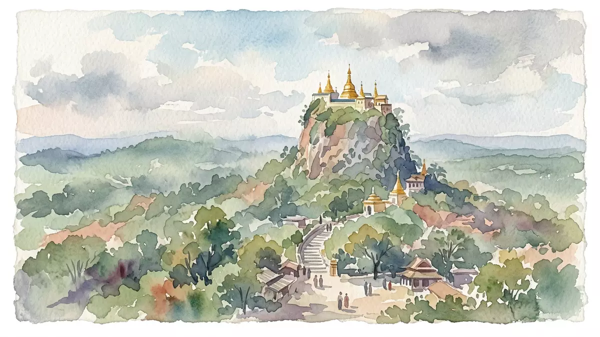 Aquarell-Illustration von Mount Popa in Kyaukpadaung, Myanmar als Reiseposter