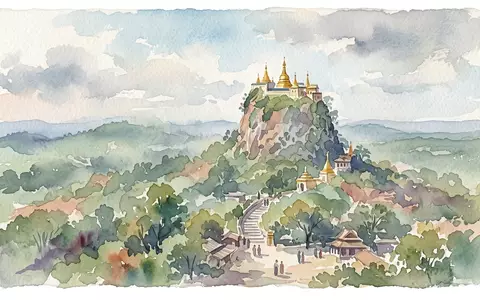 Aquarellillustration des Wahrzeichens Mount Popa in Kyaukpadaung Myanmar, weiche Farbverläufe und pastelliges Reiseposter-Feeling - Foto: THN