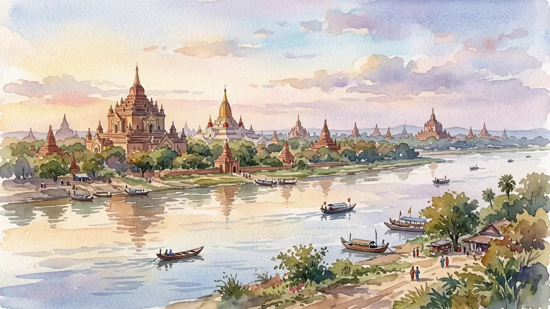 Aquarell-Illustration von Irrawaddy-Flusskreuzfahrt in Bagan, Myanmar als Reiseposter