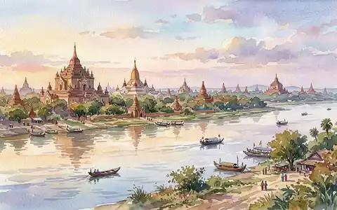 Aquarellillustration des Wahrzeichens Irrawaddy-Flusskreuzfahrt in Bagan Myanmar, weiche FarbverlÀufe und pastelliges Reiseposter-Feeling - Foto: THN