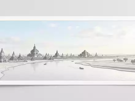 Moderner Architektur-Render zeigt Silhouette von Irrawaddy-Flusskreuzfahrt in Bagan Myanmar, klare Linien und neutrales Tageslicht - Foto: THN