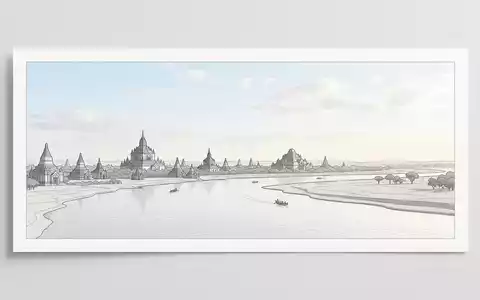 Moderner Architektur-Render zeigt Silhouette von Irrawaddy-Flusskreuzfahrt in Bagan Myanmar, klare Linien und neutrales Tageslicht - Foto: THN