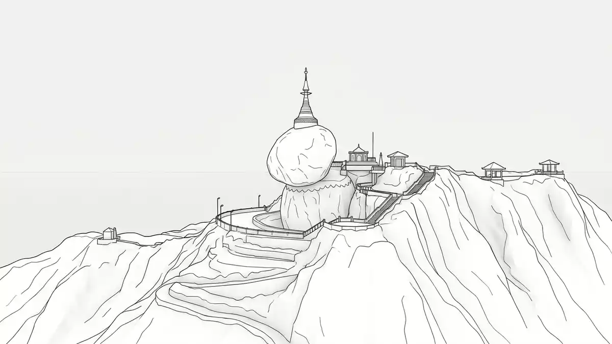 Architektur-Render von Goldener Felsen Kyaiktiyo in Kyaikto, Myanmar bei Tageslicht