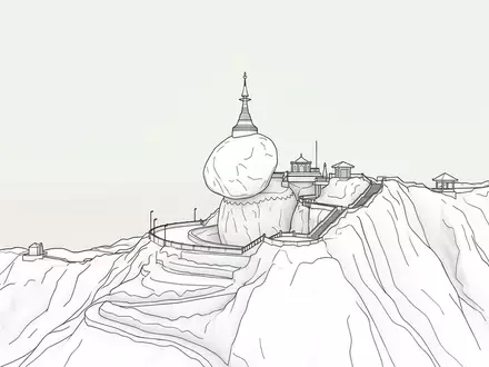 Moderner Architektur-Render zeigt Silhouette von Goldener Felsen Kyaiktiyo in Kyaikto Myanmar, klare Linien und neutrales - Foto: THN