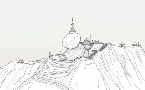 Moderner Architektur-Render zeigt Silhouette von Goldener Felsen Kyaiktiyo in Kyaikto Myanmar, klare Linien und neutrales - Foto: THN