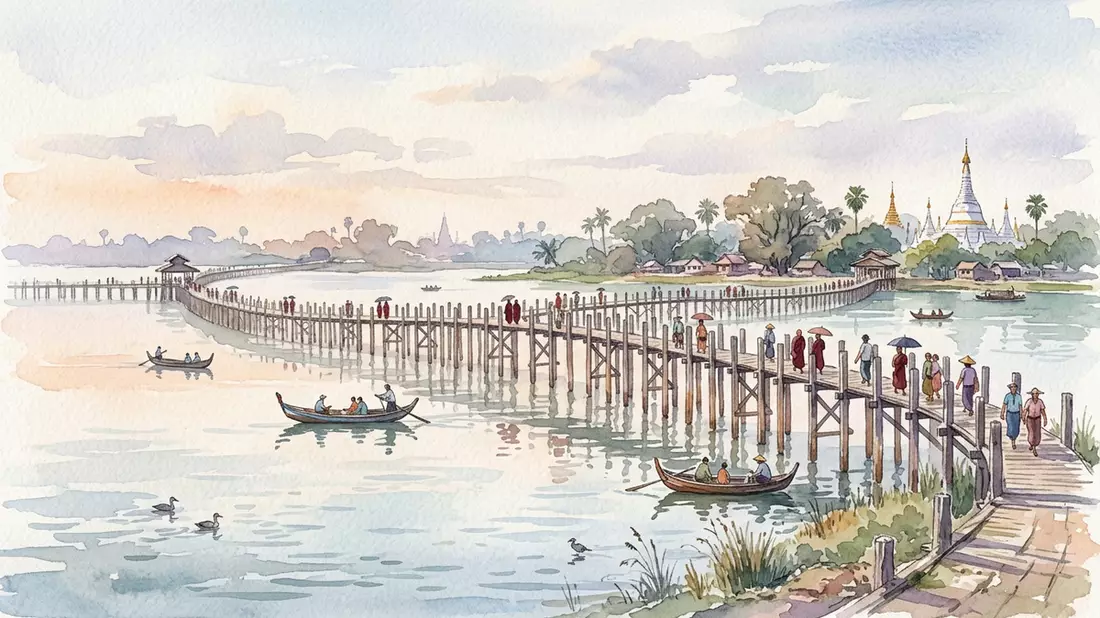 Aquarell-Illustration von U-Bein-Brucke in Amarapura, Myanmar als Reiseposter