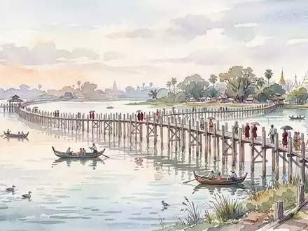 Aquarellillustration des Wahrzeichens U-Bein-Brucke in Amarapura Myanmar, weiche Farbverläufe und pastelliges Reiseposter-Feeling - Foto: THN